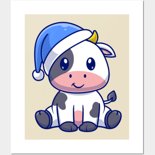 Cute Cow Winter Sitting With Beanie Hat Cartoon Posters and Art